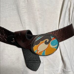 Vintage 80s, PRESH copper metallic leather with abstract FABRIC belt buckle